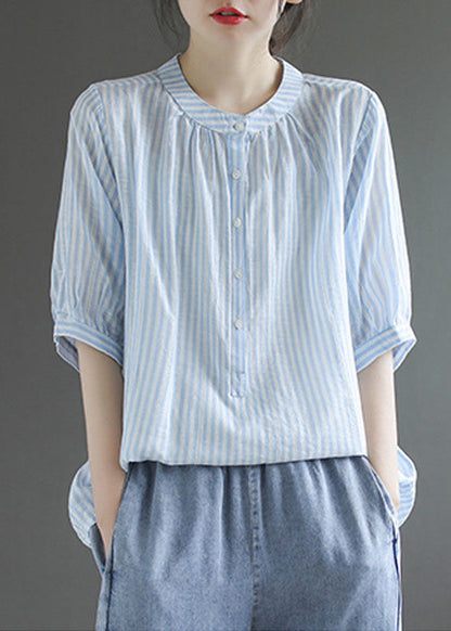 Blue Striped Cotton Shirt Top O-neck Oversized Half Sleeve