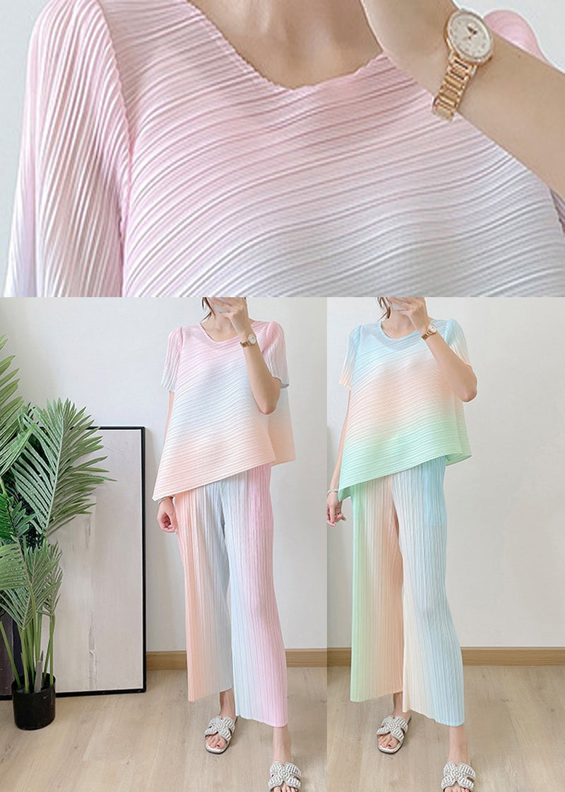 Blue Striped Gradient Color Silk Top and Pants Two Pieces Set Summer
