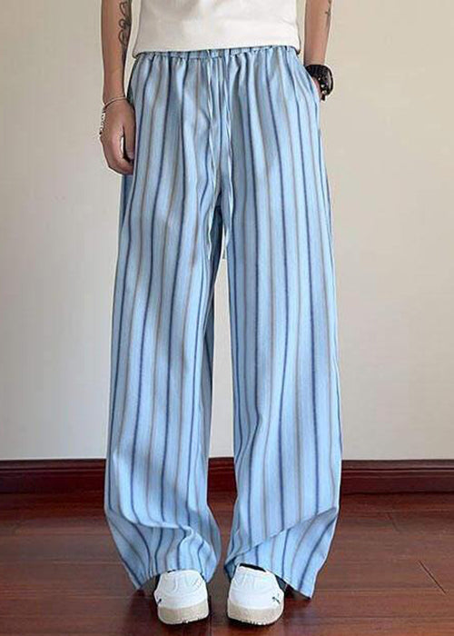 Blue Striped Lace Up Cotton Summer Pants Elastic Waist