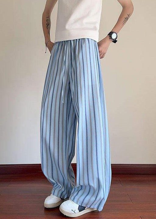 Blue Striped Lace Up Cotton Summer Pants Elastic Waist