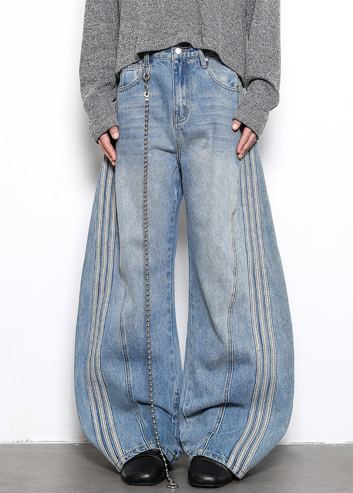Blue Striped Patchwork Denim Wide Leg Pants High Waist