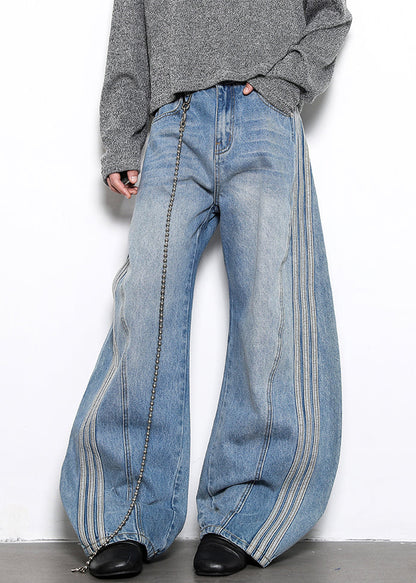 Blue Striped Patchwork Denim Wide Leg Pants High Waist
