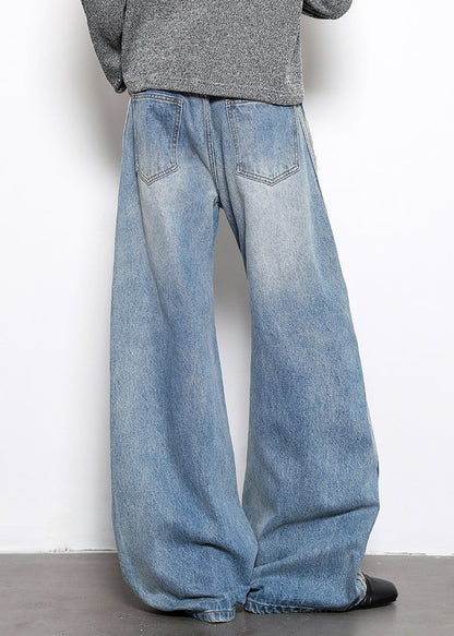 Blue Striped Patchwork Denim Wide Leg Pants High Waist