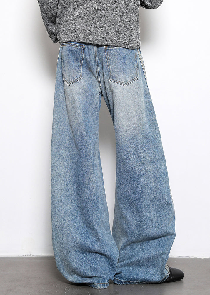 Blue Striped Patchwork Denim Wide Leg Pants High Waist