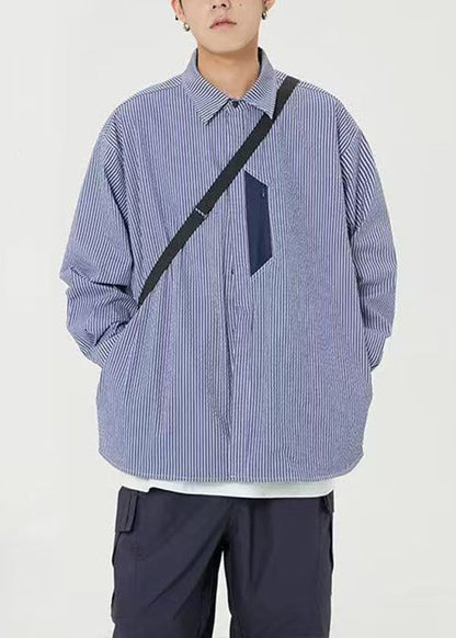 Blue Striped Pockets Cotton Shirts Men Peter Pan Collar Spring