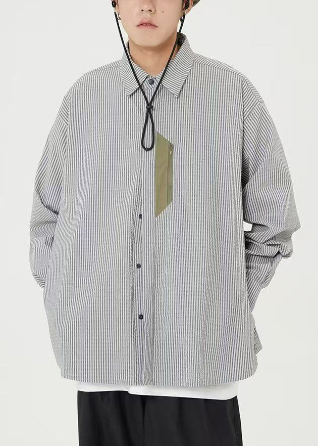 Blue Striped Pockets Cotton Shirts Peter Pan Collar Spring