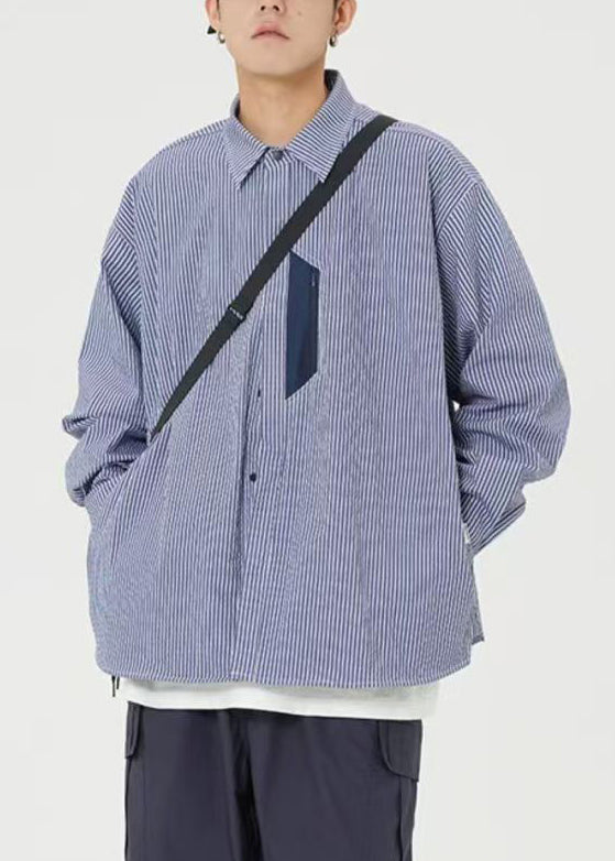 Blue Striped Pockets Cotton Shirts Peter Pan Collar Spring