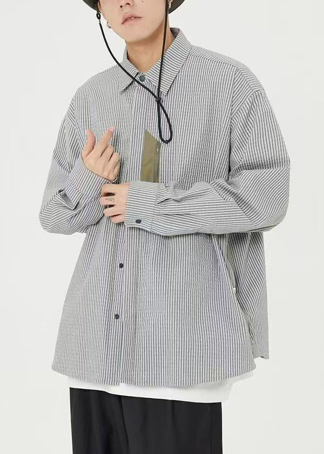 Blue Striped Pockets Cotton Shirts Peter Pan Collar Spring