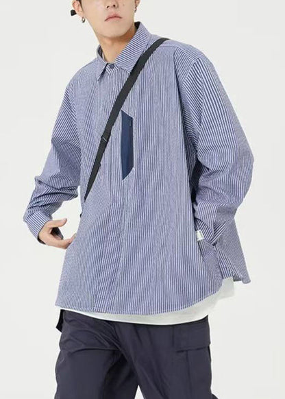 Blue Striped Pockets Cotton Shirts Men Peter Pan Collar Spring
