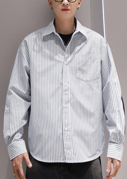 Blue Striped Pockets Patchwork Cotton Men Shirts Peter Pan Collar Spring