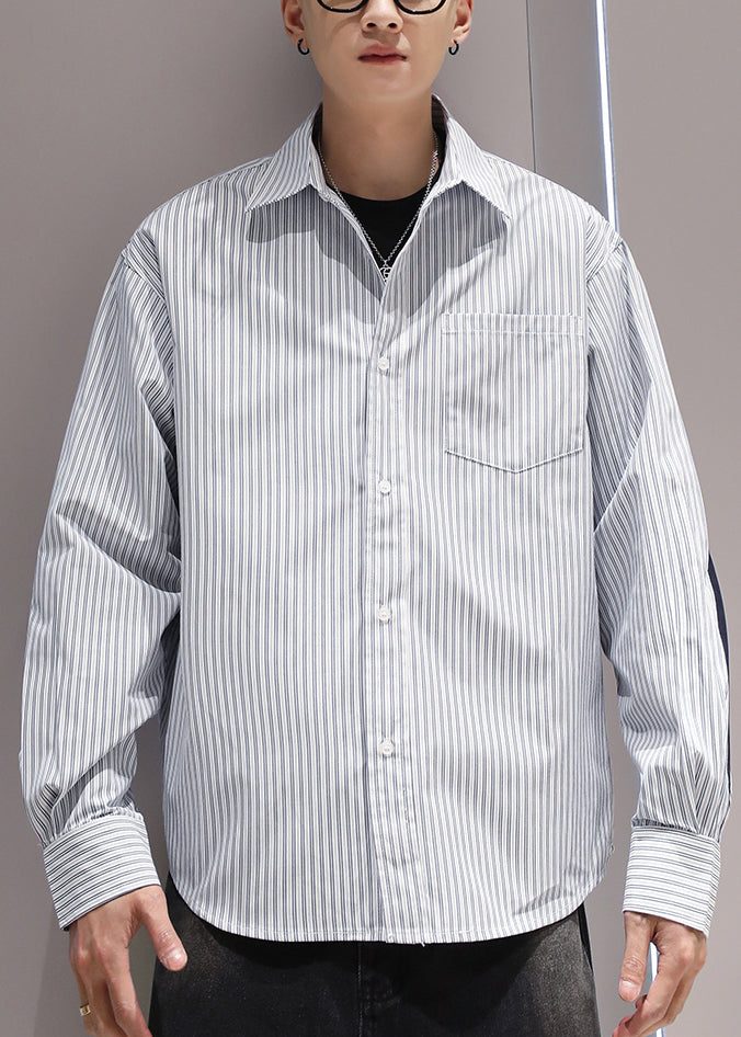 Blue Striped Pockets Patchwork Cotton Shirts Peter Pan Collar Spring