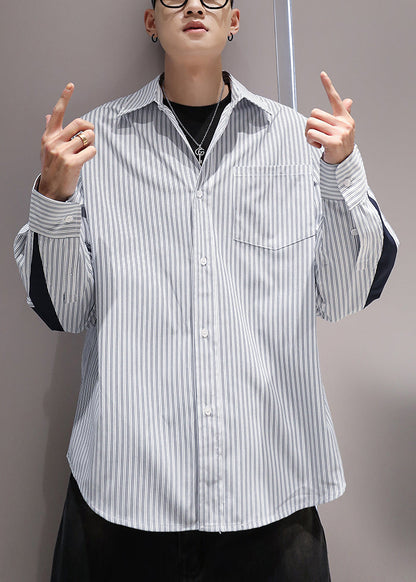 Blue Striped Pockets Patchwork Cotton Men Shirts Peter Pan Collar Spring