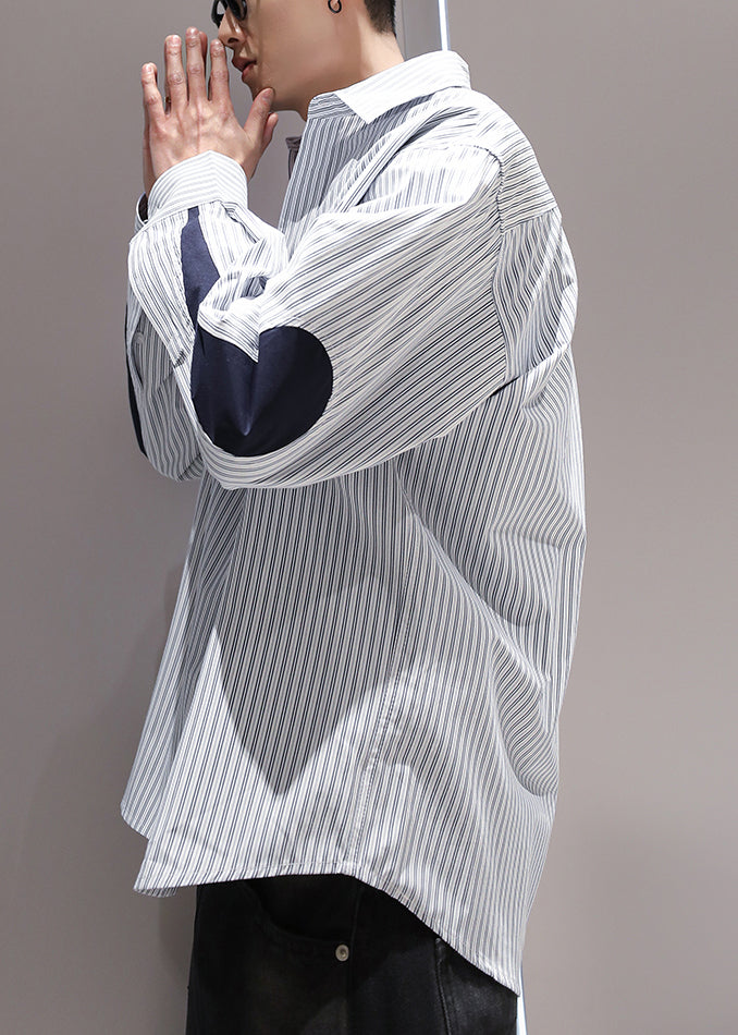 Blue Striped Pockets Patchwork Cotton Shirts Peter Pan Collar Spring