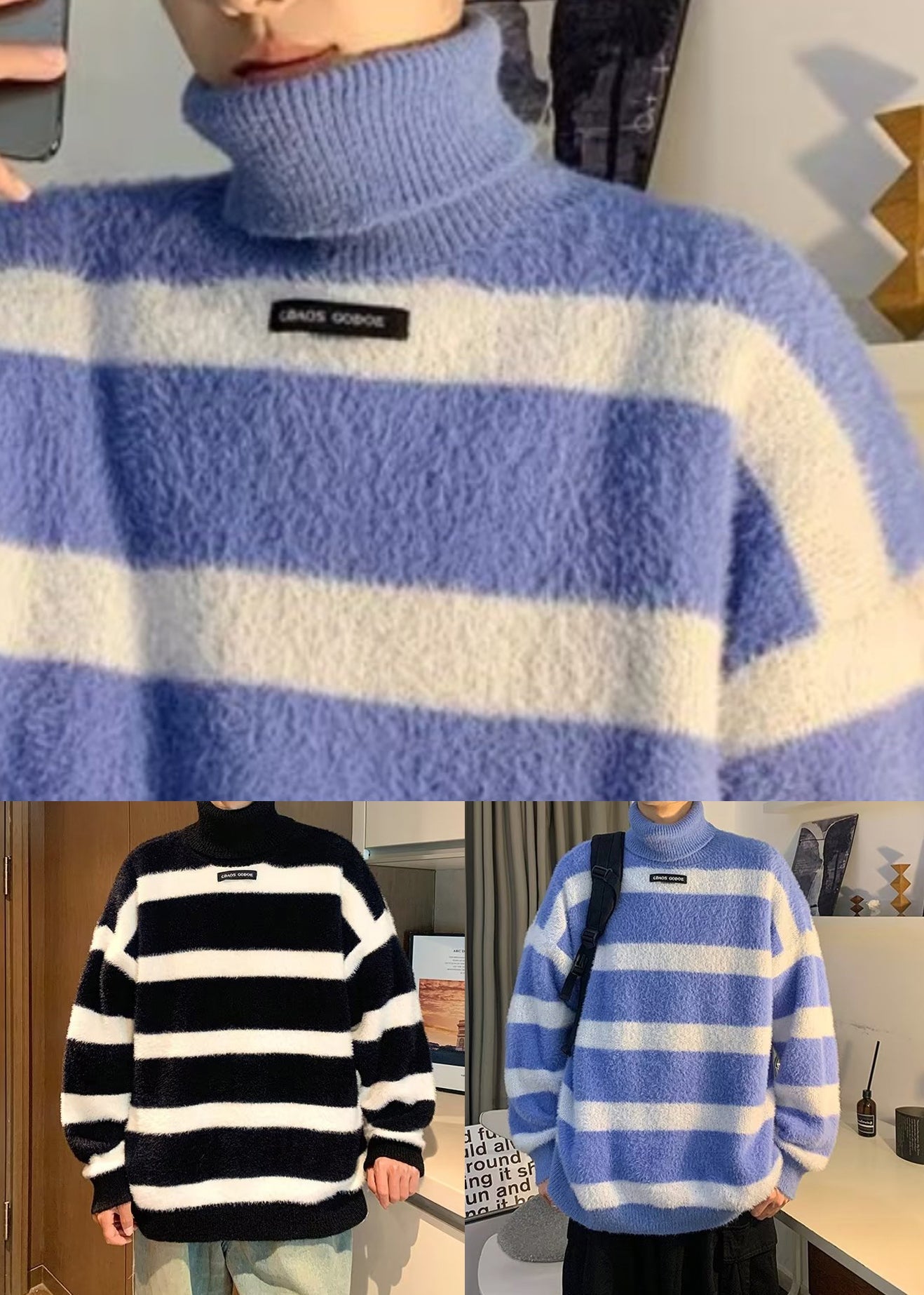 Blue Striped Thick Cozy Mink Hair Knitted Sweater Turtleneck