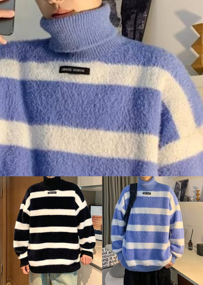 Blue Striped Thick Cozy Mink Hair Knitted Sweater Turtleneck