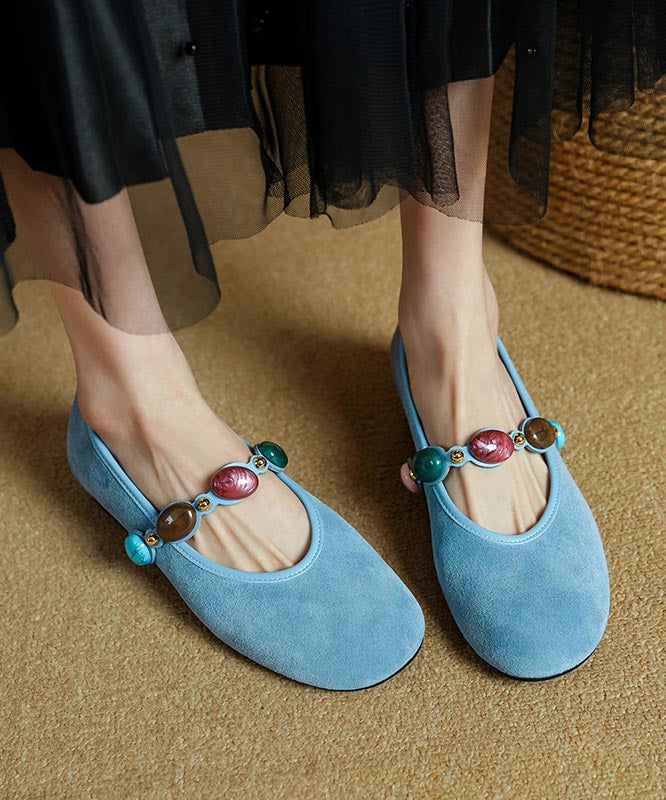 Blue Suede Buckle Strap Splicing Flat Shoes for