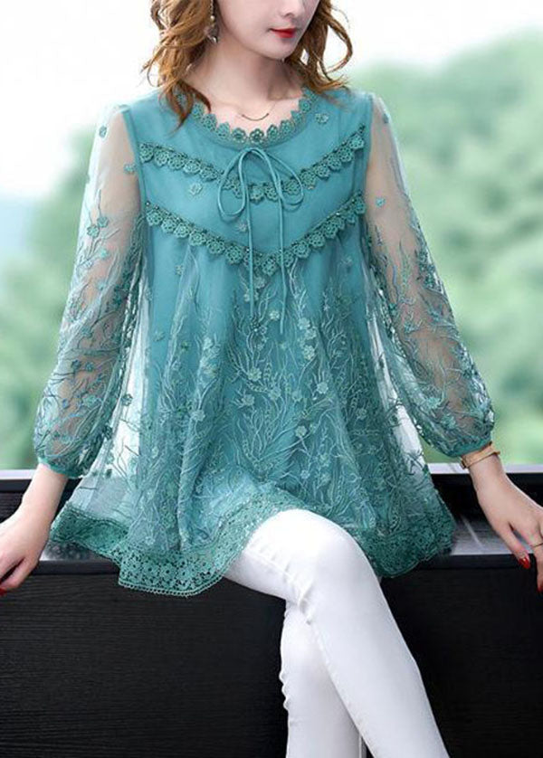 Blue Tulle a Line Top Embroideried Hollow Out Summer
