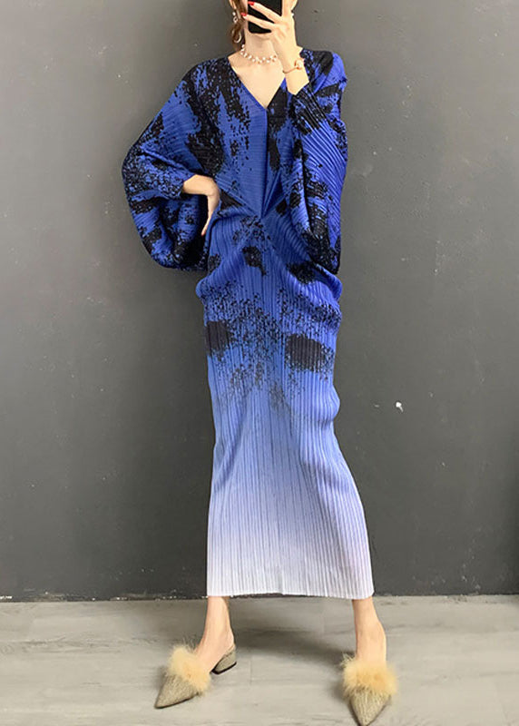 Blue V Neck Print Gradient Color Silk Dress Long Sleeve