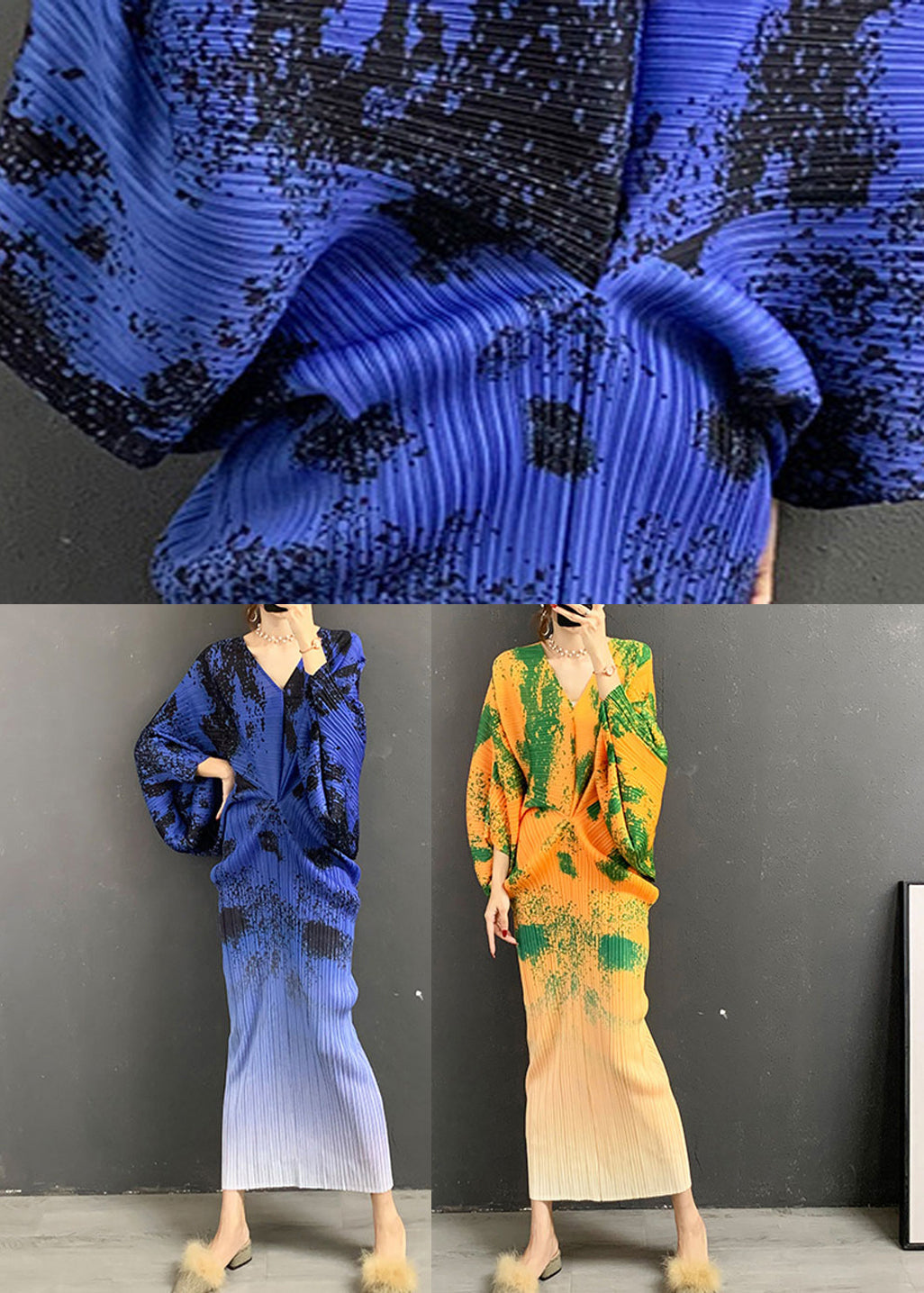 Blue V Neck Print Gradient Color Silk Dress Long Sleeve