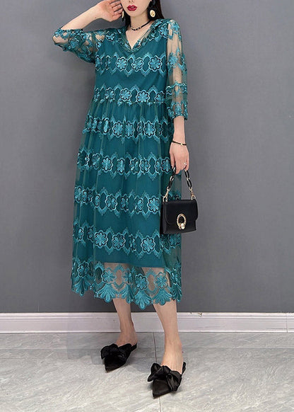 Blue V Neck Tulle Patchwork Hooded Dress Three Quarter Sleeve