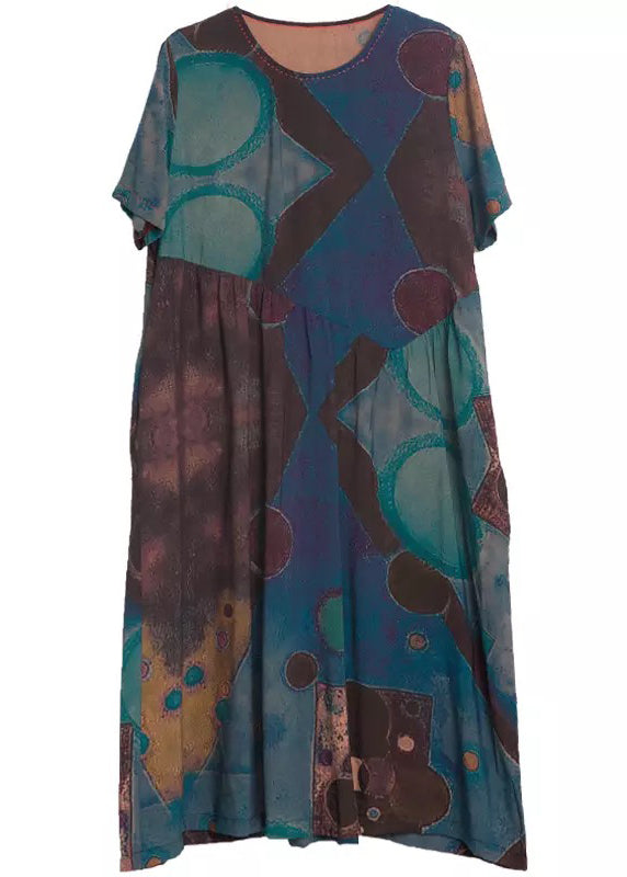 Blue Cotton Long Dresses Asymmetrical Design Short Sleeve