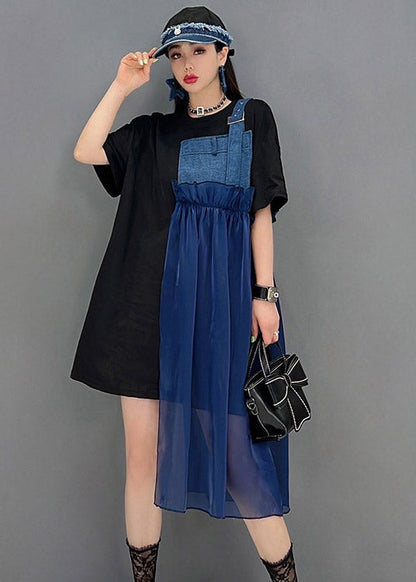 Blue Asymmetrical Denim Tulle Patchwork Dresses Short Sleeve