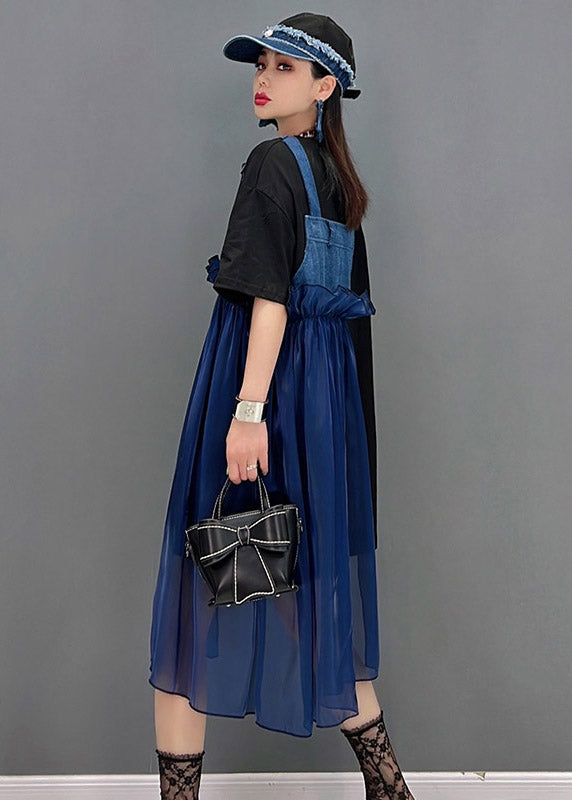 Blue Asymmetrical Denim Tulle Patchwork Dresses Short Sleeve