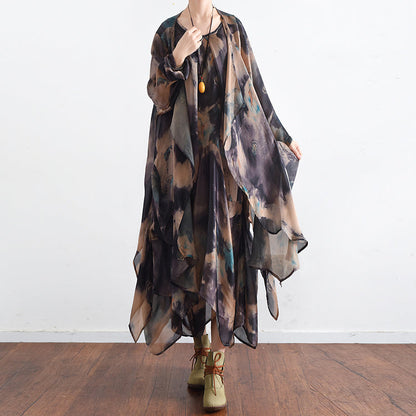 Blue Silk Dresses Baggy Maxi Dresses Caftan Gown Two Pieces Asymmetrical Design
