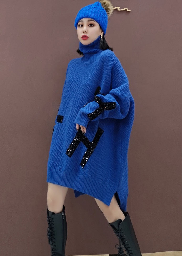 Blue Low High Design Knitwear Dress Sequins Winter