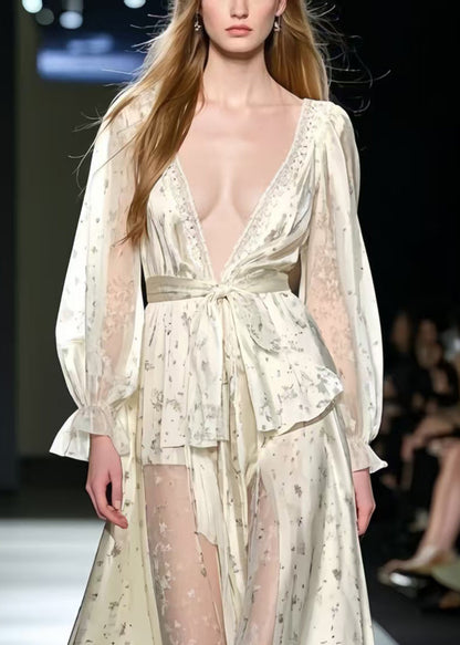 Apricot Deep-v Print Silk Holiday Dress Summer