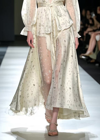 Apricot Deep-v Print Silk Holiday Dress Summer