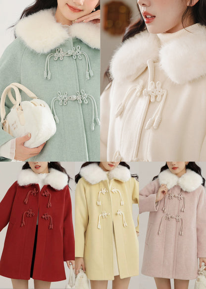 Apricot Fur Collar Chinese Button Woolen Trench Winter