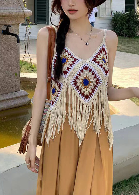 Apricot Hollow Out Tasseled Strap Tank Summer