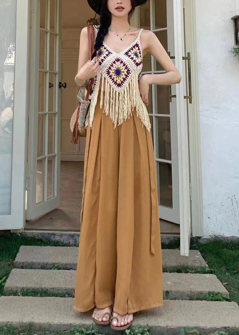 Apricot Hollow Out Tasseled Strap Tank Summer
