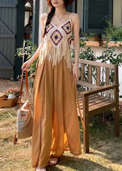 Apricot Hollow Out Tasseled Strap Tank Summer
