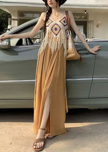 Apricot Hollow Out Tasseled Strap Tank Summer