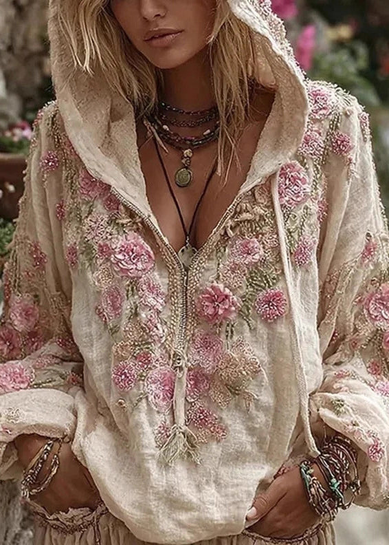 Bohemian Apricot Hooded Print Cotton Sweatshirt Spring