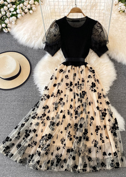 Apricot O-neck Embroideried Bow Tie Waist Knit Patchwork Tulle Maxi Dress Short Sleeve