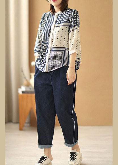 Apricot O-neck Print Button Fall Blouses Three Quarter Sleeve