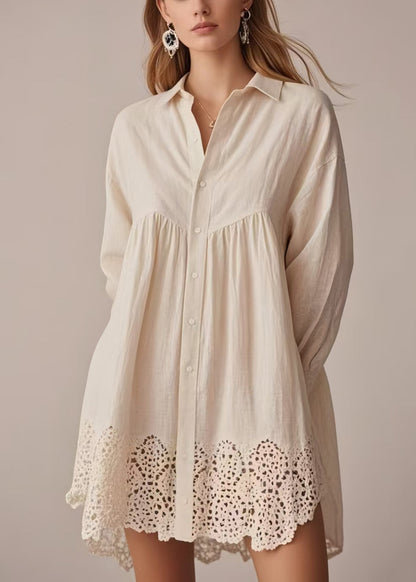 Bohemian Apricot Oversized Hollow Out Cotton Long Shirts Spring
