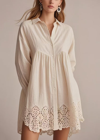 Bohemian Apricot Oversized Hollow Out Cotton Long Shirts Spring