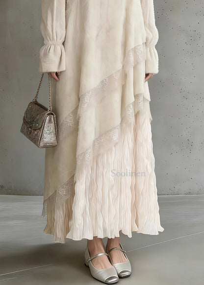 Apricot Oversized Patchwork Lace Maxi Dress Spring
