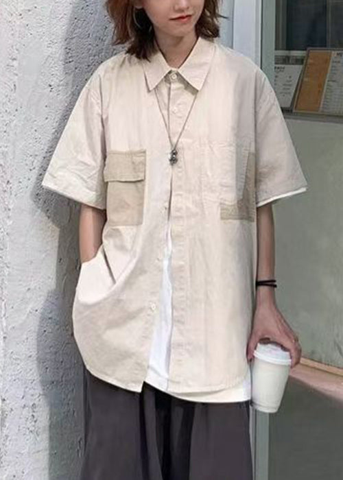 Apricot Peter Pan Collar Pockets Cotton Shirt Summer