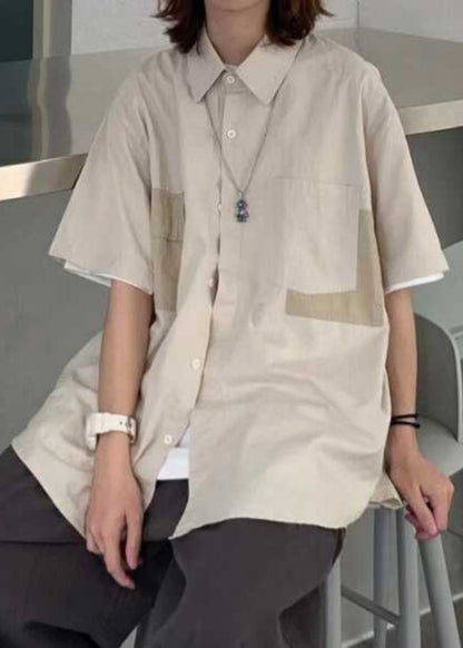 Apricot Peter Pan Collar Pockets Cotton Shirt Summer