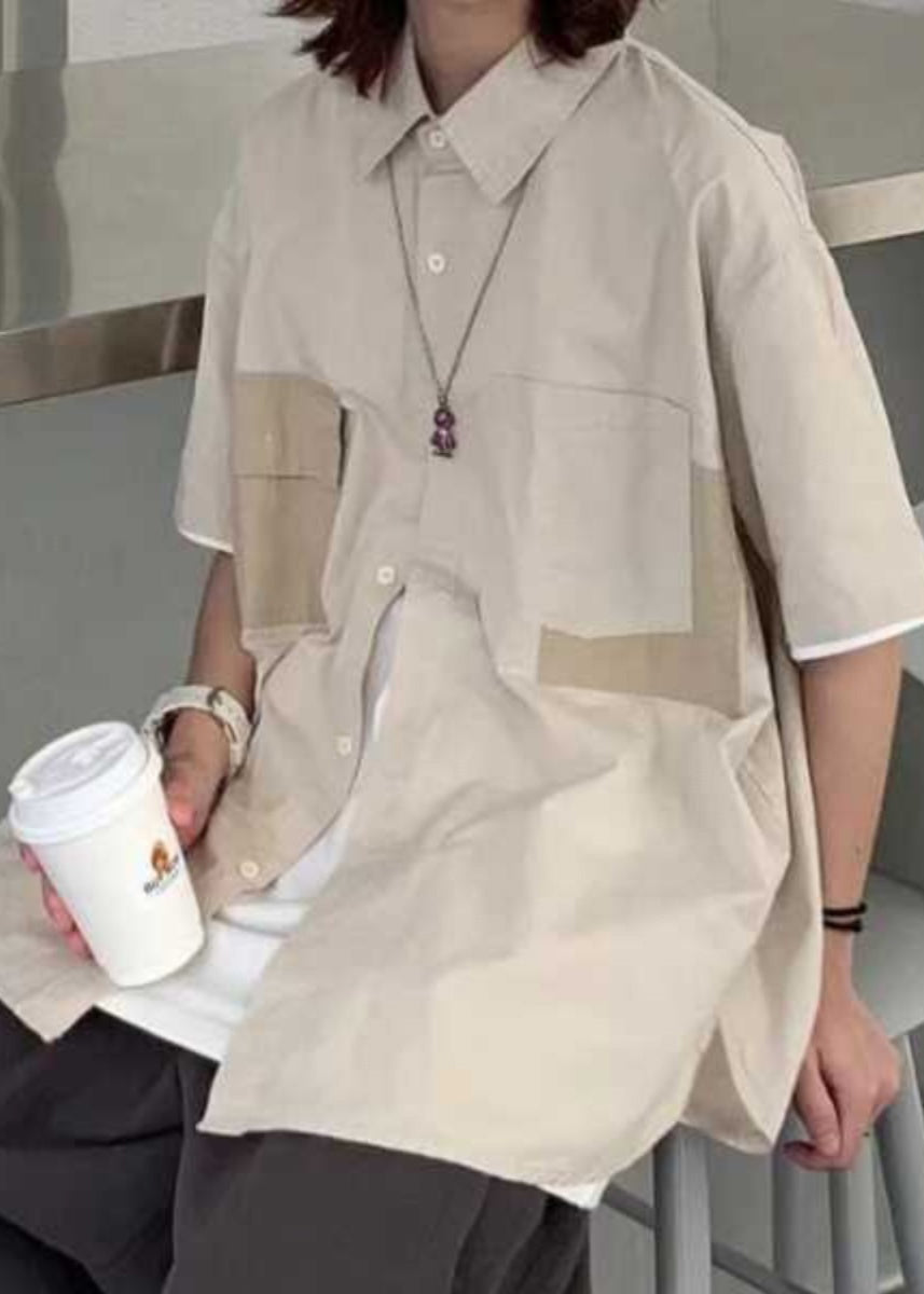 Apricot Peter Pan Collar Pockets Cotton Shirt Summer