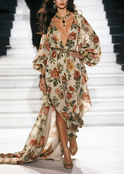 Apricot Print Exra Large Hem Chiffon Beach Dress Spring
