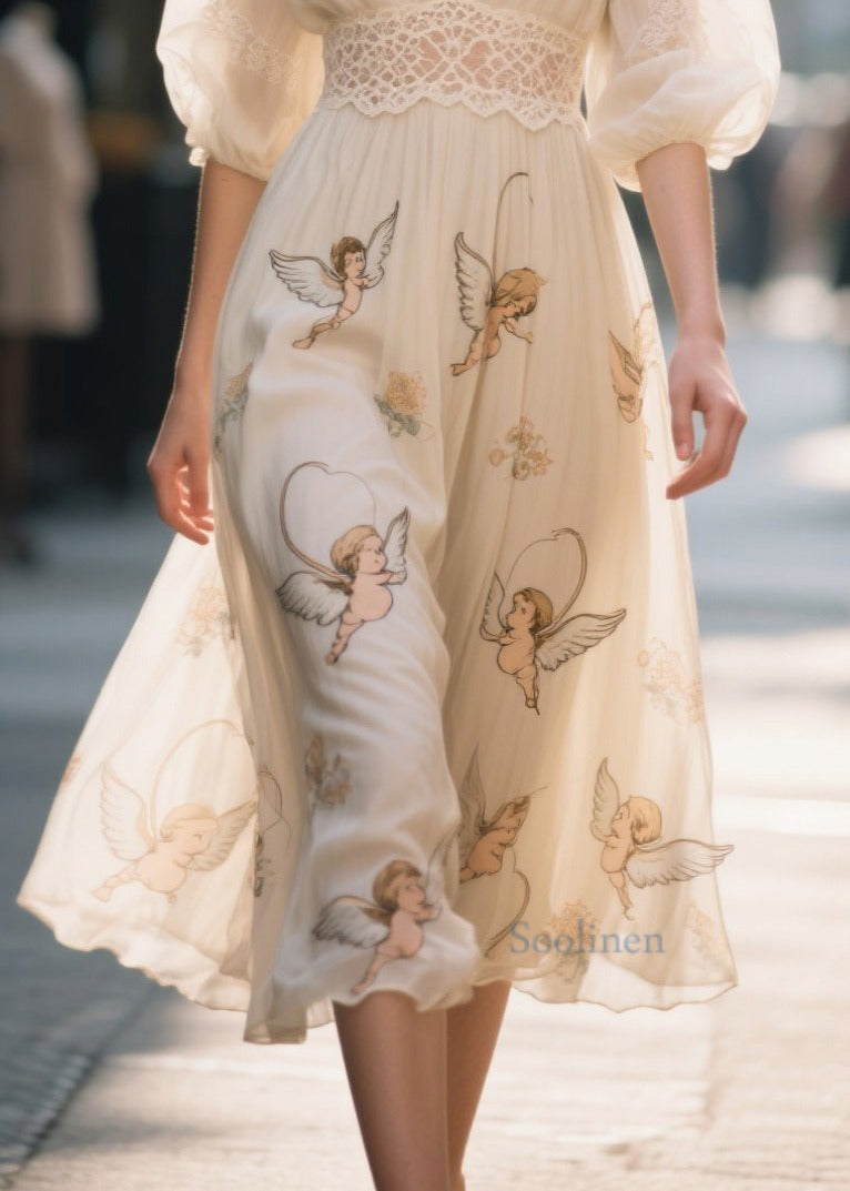 Apricot Print Lace Patchwork Chiffon Dress Summer