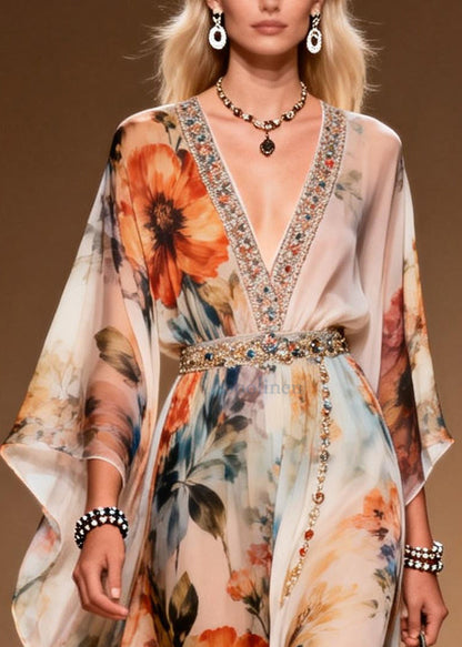 Apricot Print Zircon Chiffon Holiday Dresses Summer