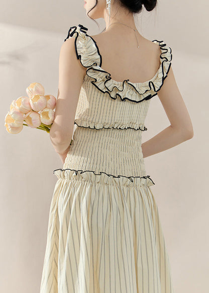 Apricot Ruffled Patchwork Slim Long Dress Sleeveless