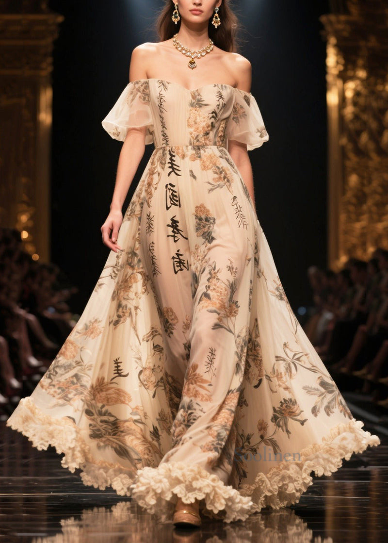 Apricot Ruffled Print Exra Large Hem Chiffon Dress Summer